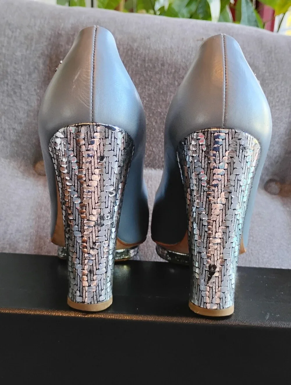 CHANEL CC Grey Pumps Metallic Mosaic Platform Heels! Authentic